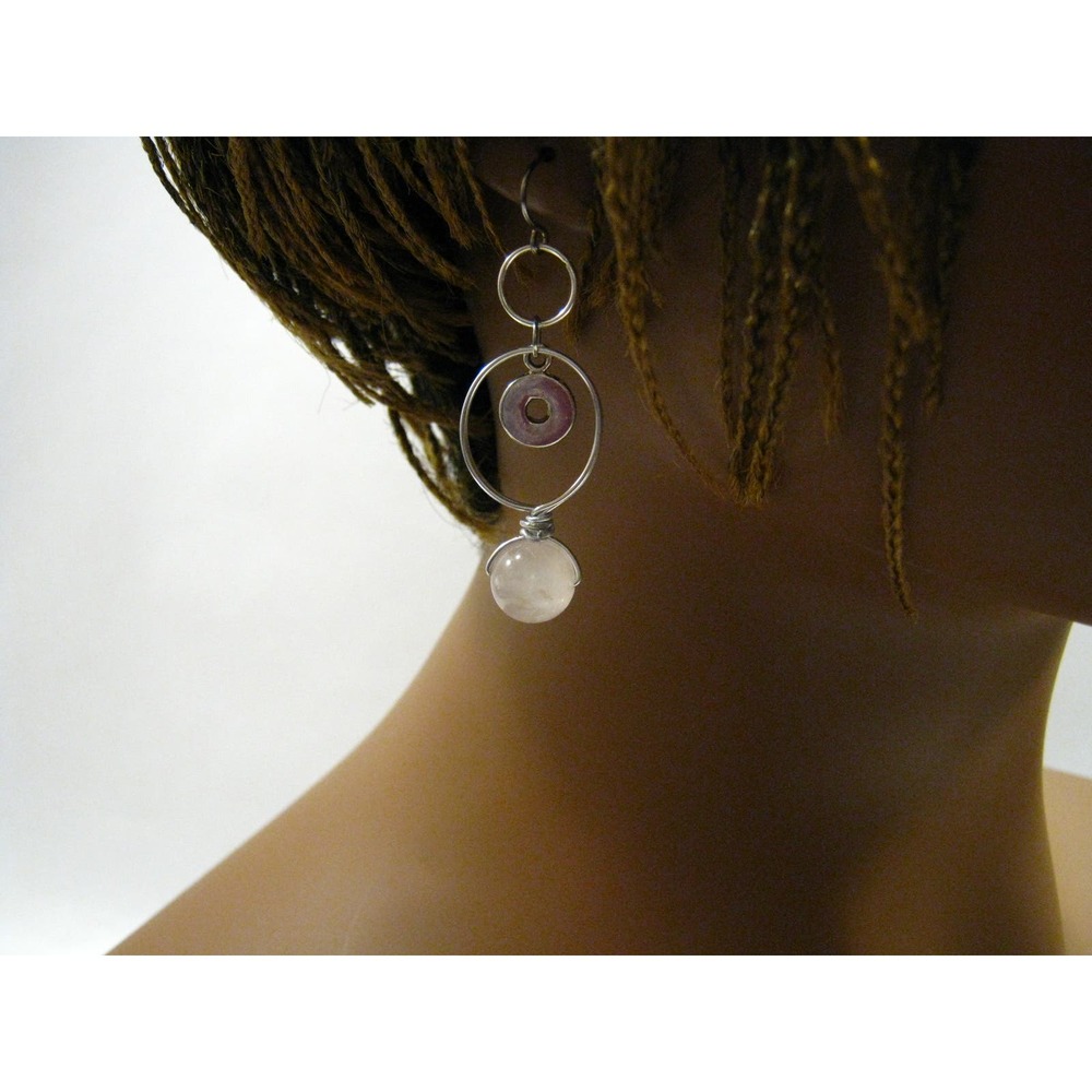 Genuine Quartz Silver Steel Hammered Hoop Gemtone Drop Earrings 1.5 inch